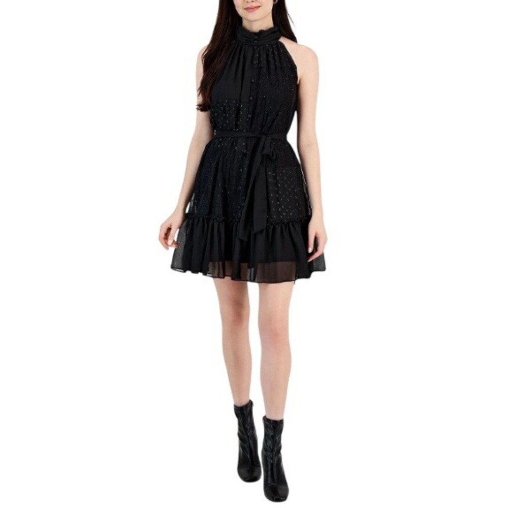 Taylor Womens Black Halter High‎ Neck Lace Ruffle Hem Cocktail Dress Size 16